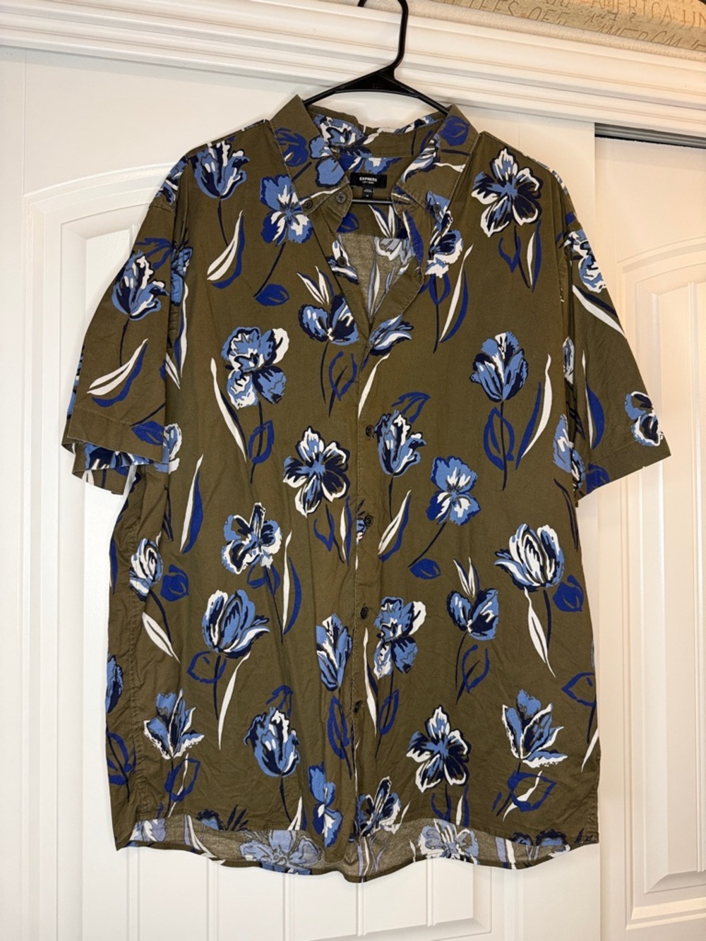 Express Olive Green Floral Button-Down Shirt with Blue and White Flowers